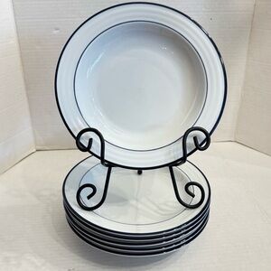 Lot of 2 Crate & Barrel Spal Porcelain Roulette Blue Trim 9” Soup Bowls